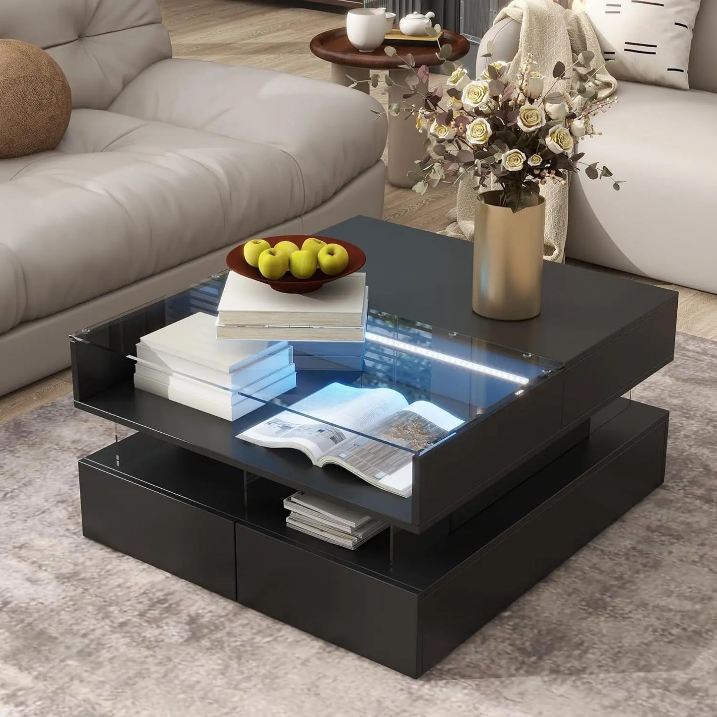 Modern Lift-Top Coffee Table High-Gloss Finish with Storage Drawers