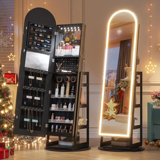 LED Mirror Jewelry Cabinet Lockable Standing Armoire with Adjustable Lights