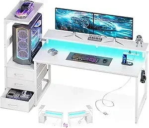 59 Inch Gaming Desk with USB Ports LED Light Reversible Storage Shelves
