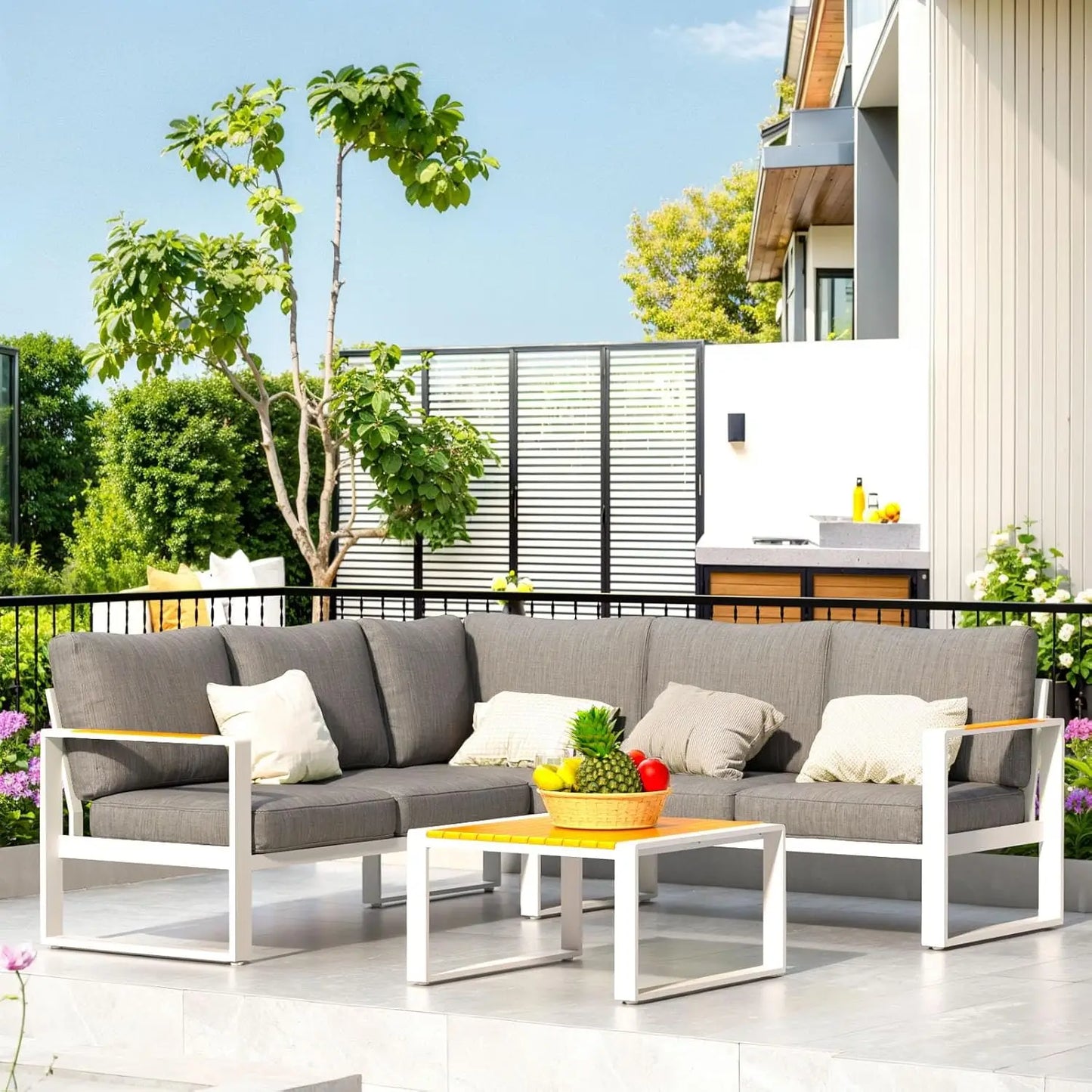 L Shaped Aluminum Patio Furniture Set All-Weather Sectional Outdoor Sofa