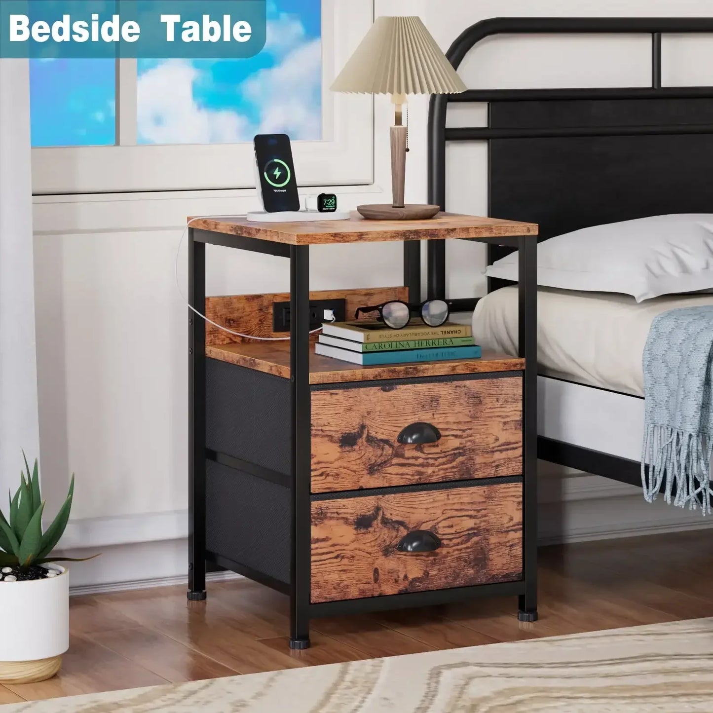 Nightstand Set of 2 with Charging Station and Drawers Rustic Style