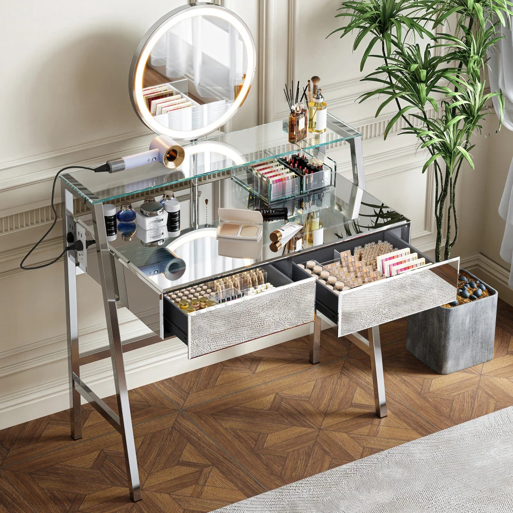 33.9" Mirrored Makeup Vanity Desk with LED Mirror and Storage Drawers