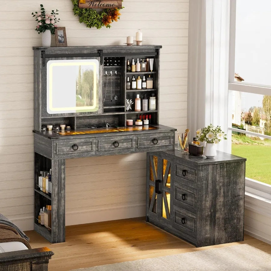 Farmhouse Vanity Desk Sliding Mirror Makeup Table Jewelry Storage 60W