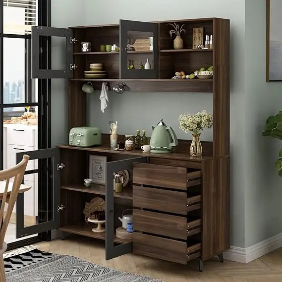 Tall Kitchen Pantry Cabinet with 4 Drawers Doors Microwave Stand