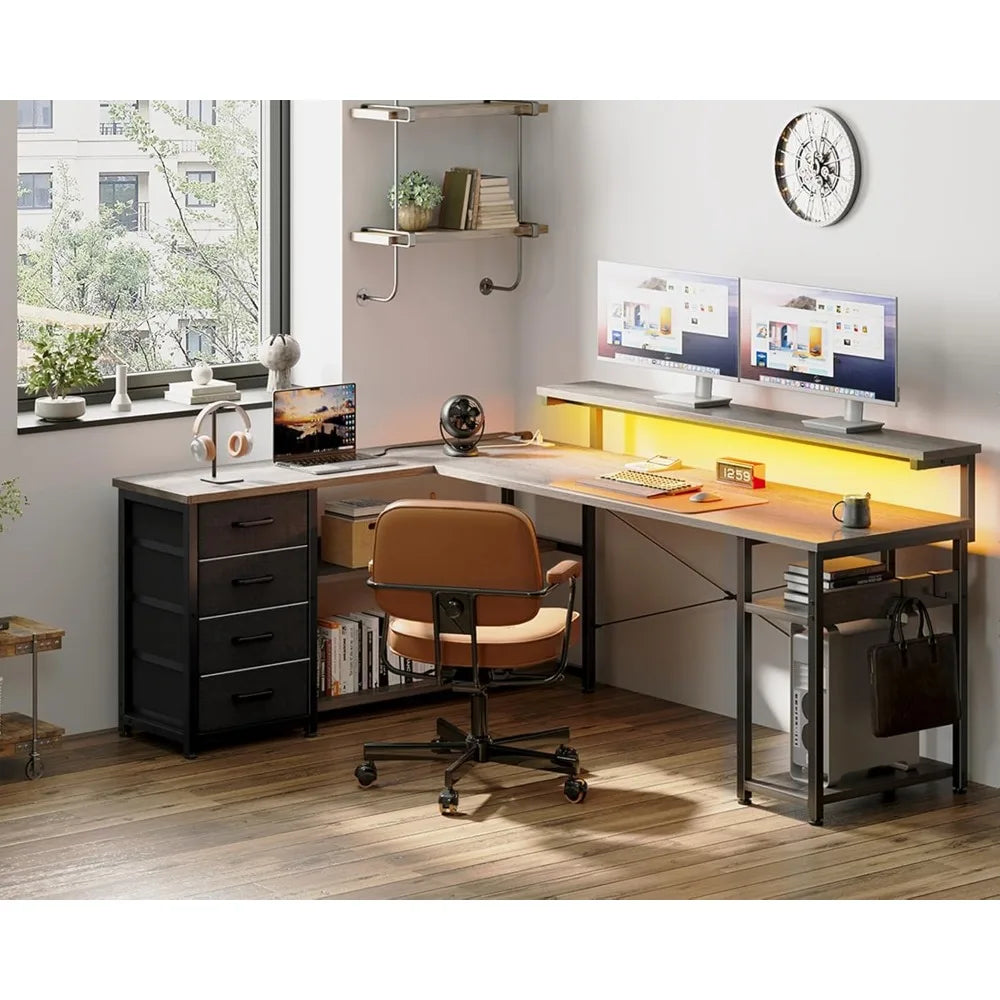 61 Inch L Shaped Desk with Drawer Power Outlets LED Lights Home Office