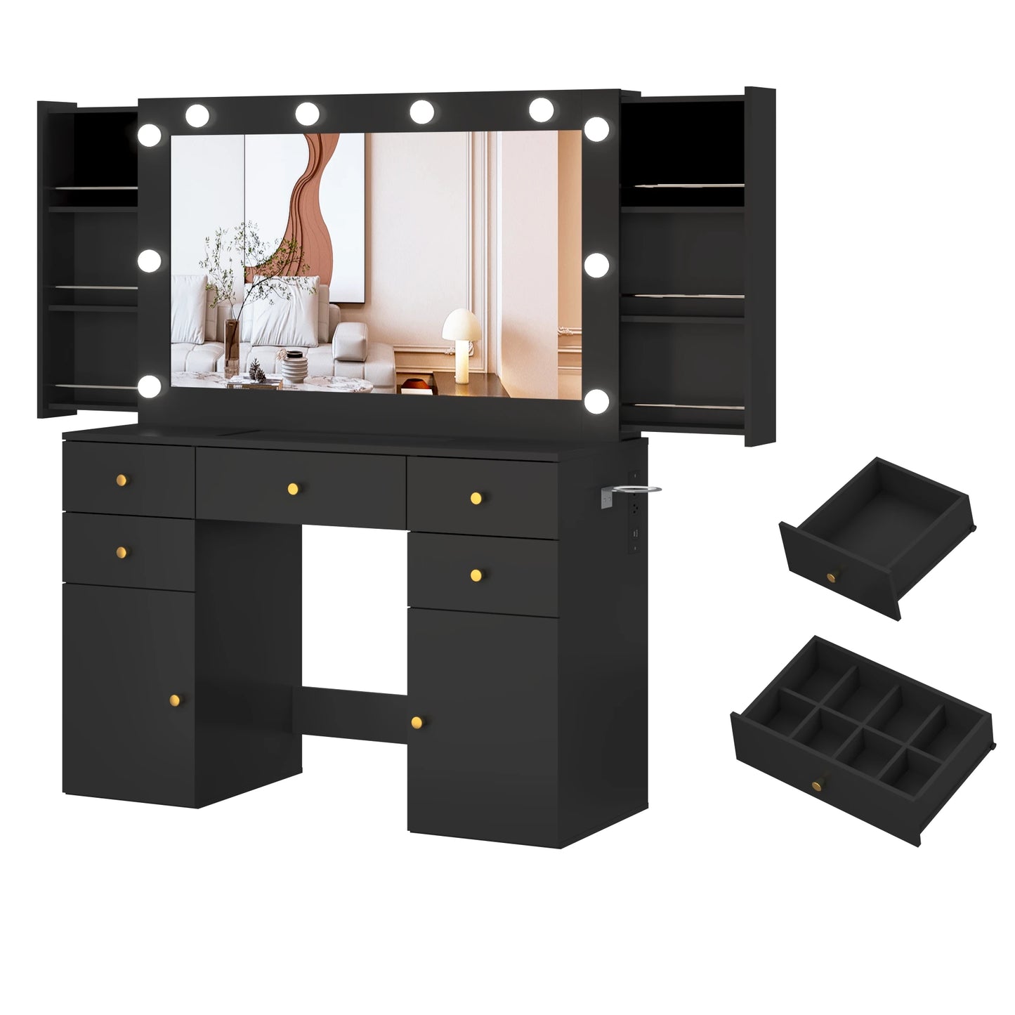 Vanity Desk with Lighted Mirror Charging Station & Storage Set