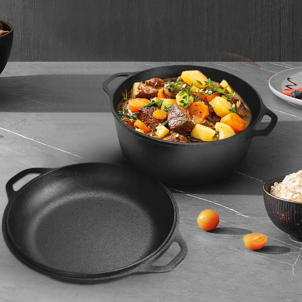 2 in 1 Cast Iron Dutch Oven Skillet Pot Set for Baking Camping BBQ