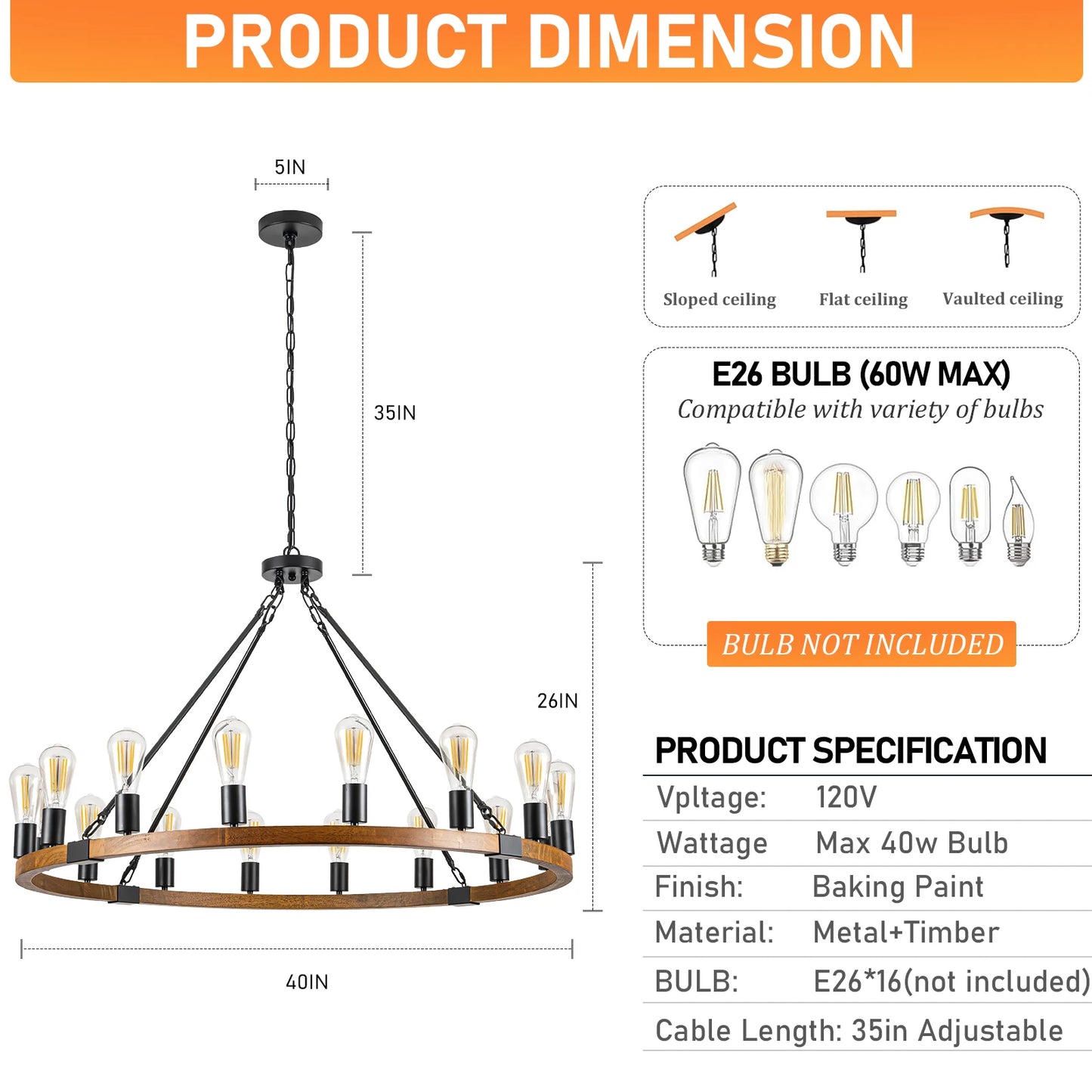 Wood Wagon Wheel Chandelier Rustic Farmhouse 16-Light Pendant Light