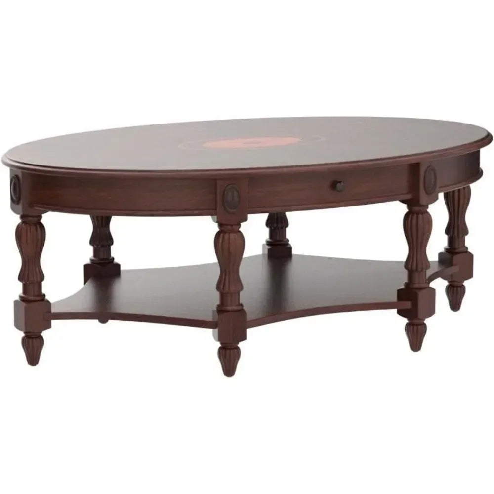 Solid Wood Oval Coffee Table with Storage Drawer Vintage Style