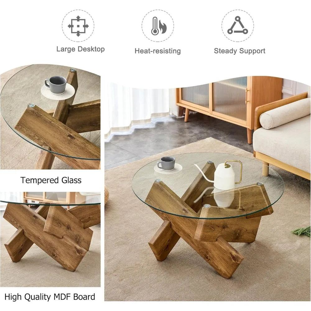 Mid Century Modern Round Coffee Table Glass Top Wood Finish 33.4 Inch
