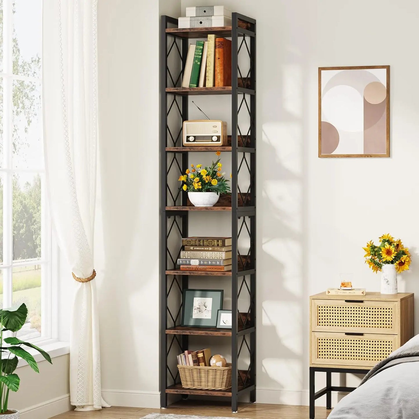 78.7 Inch Extra Tall Narrow Bookshelf 7 Tier Skinny Bookcase Organizer
