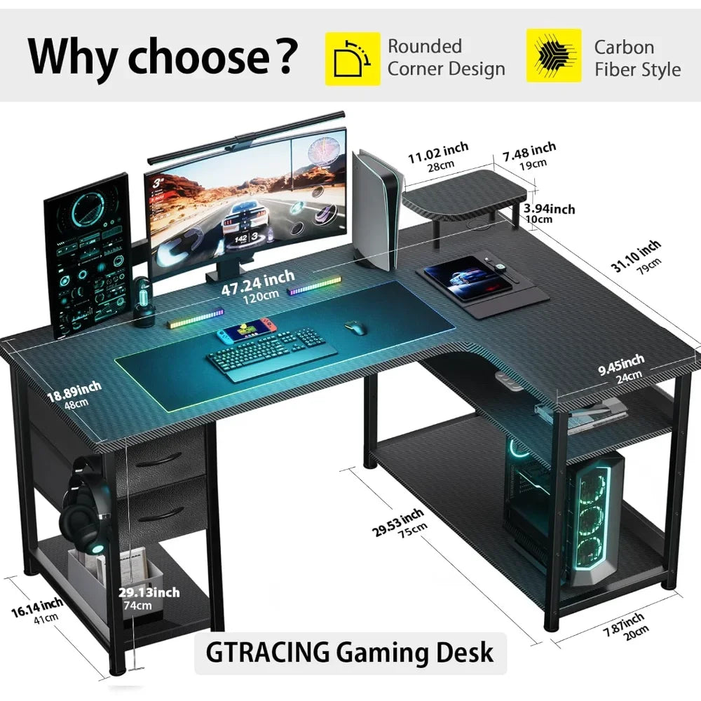 Gaming Desk L-Shaped Computer Desk with Drawers Monitor Arm Compatible