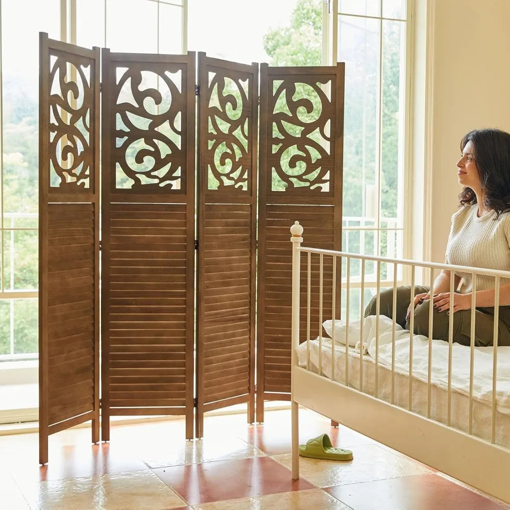 Folding Room Divider 4 Panels Wood Carved Privacy Screen Freestanding