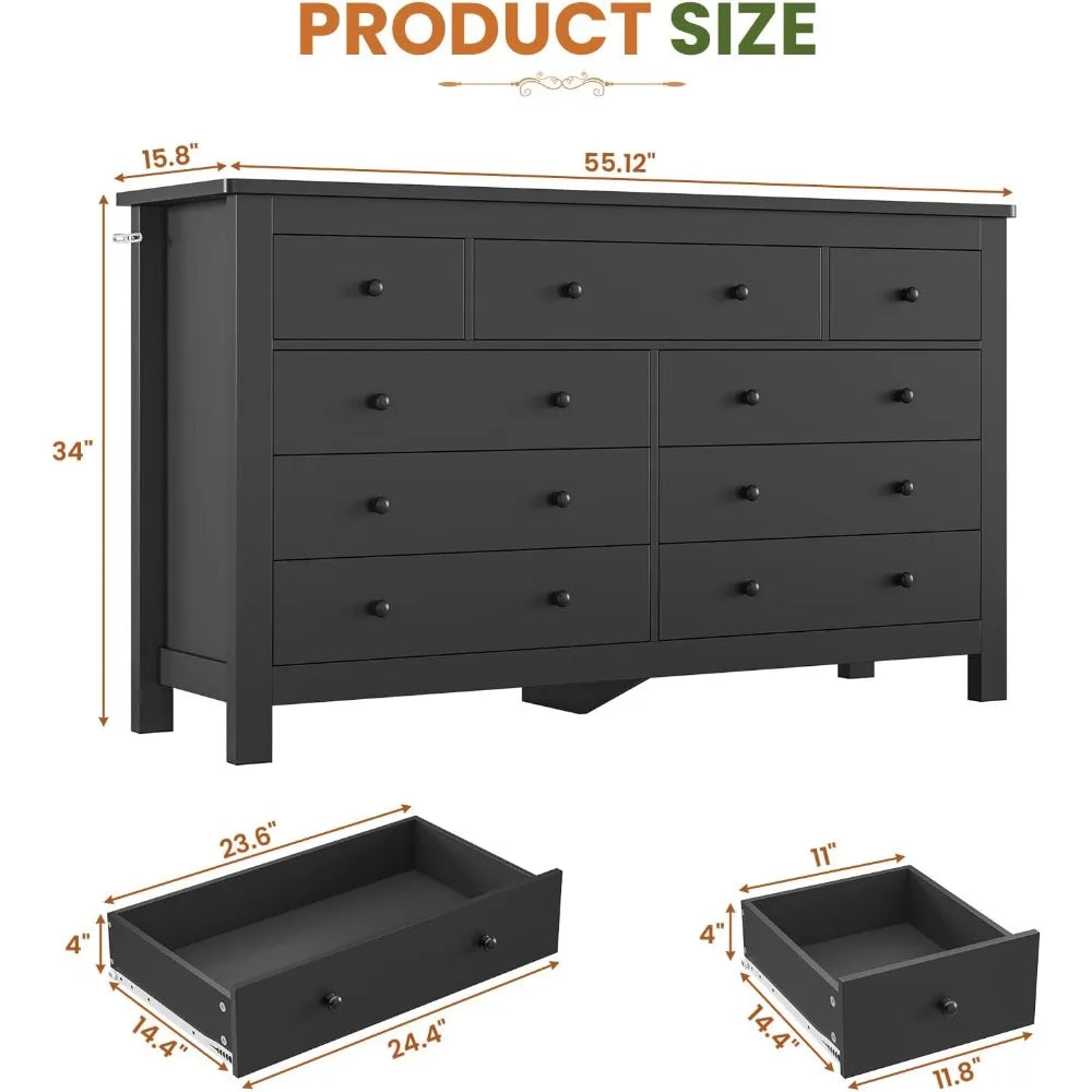 Modern Black 9 Drawer Dresser Chest for Bedroom Storage Solution