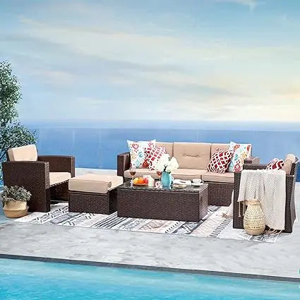 7 Piece Outdoor Patio Furniture Set Sectional Sofa with Ottoman