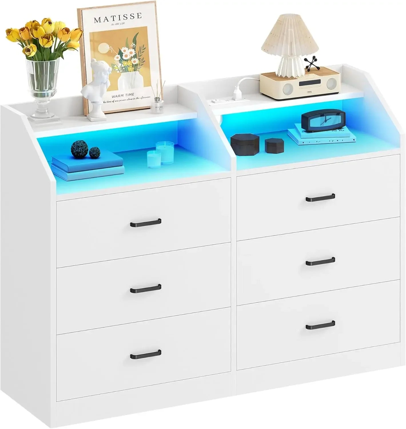 6 Drawer Dresser with LED Light Charging Station Modern Organizer Cabinet