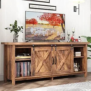 Farmhouse TV Stand for 50-65 Inch TV with Adjustable Shelves and Barn Doors