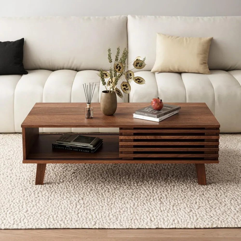 Mid Century Coffee Table with Storage Sliding Door Modern Living Room