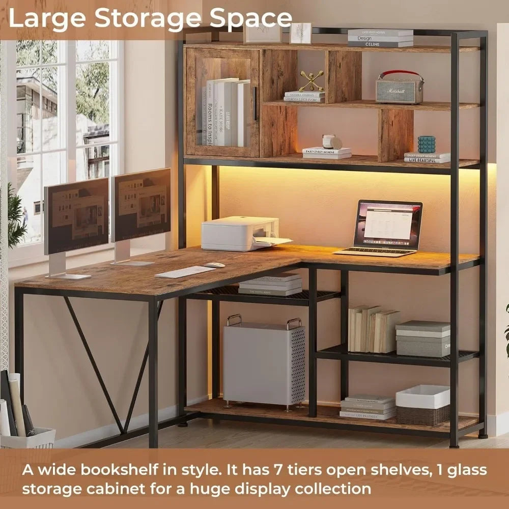 L Shaped Computer Desk with LED Light and Bookshelf for Home Office