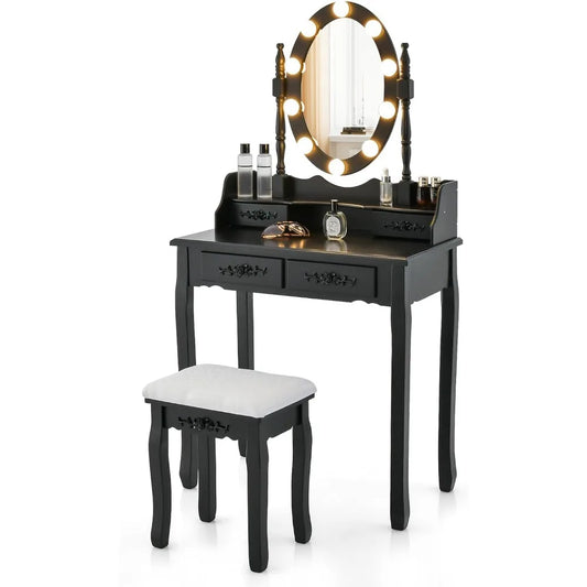 Vanity Table Set with Lighted Mirror Adjustable Brightness Storage