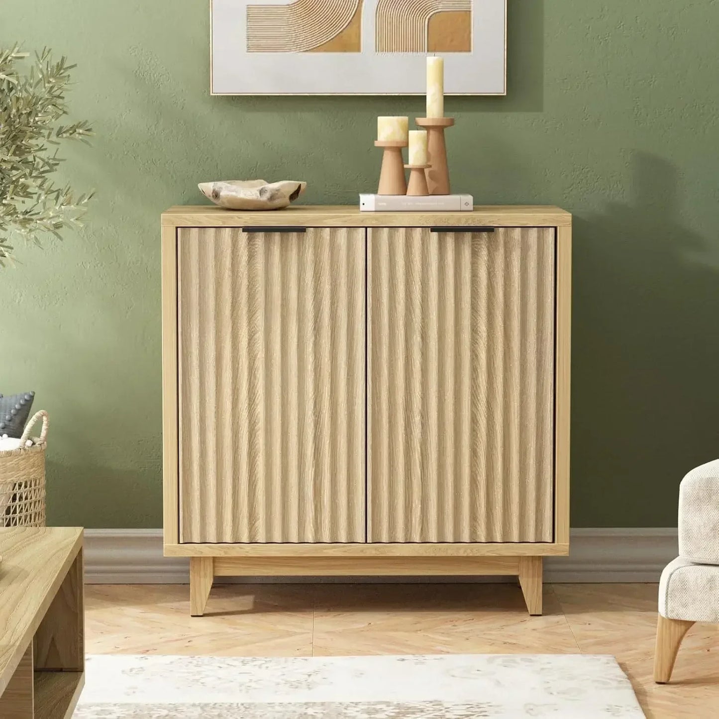 Ljustra Modern Fluted Storage Cabinet Sideboard with 3 Drawers and Doors