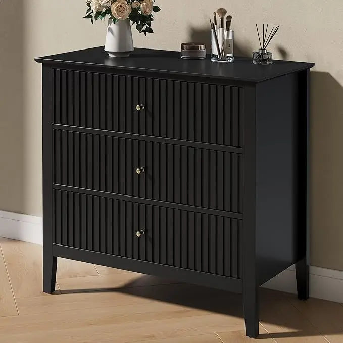 Green Fluted 3 Drawer Dresser Modern Wood Chest for Bedroom Living Room