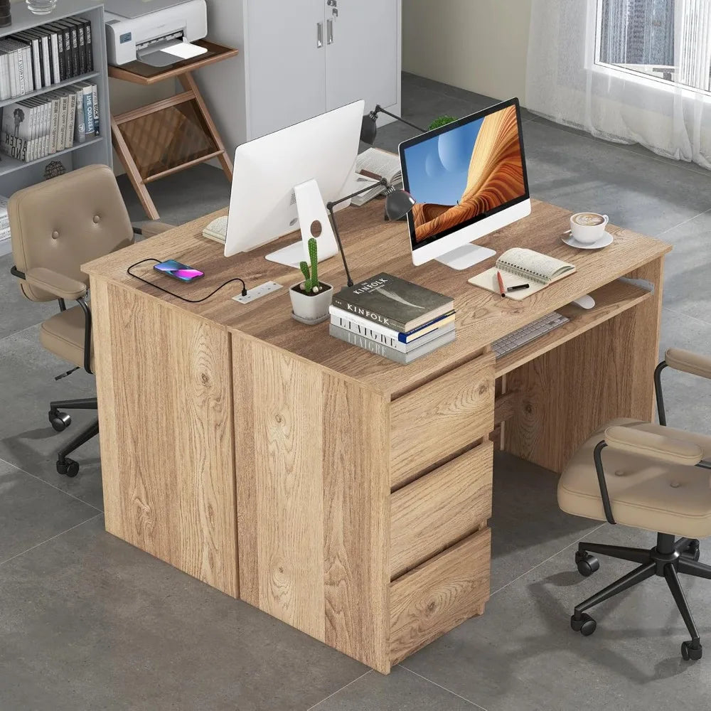 Ljustra Computer Desk with Charging Station 3 Storage Drawers Keyboard Tray