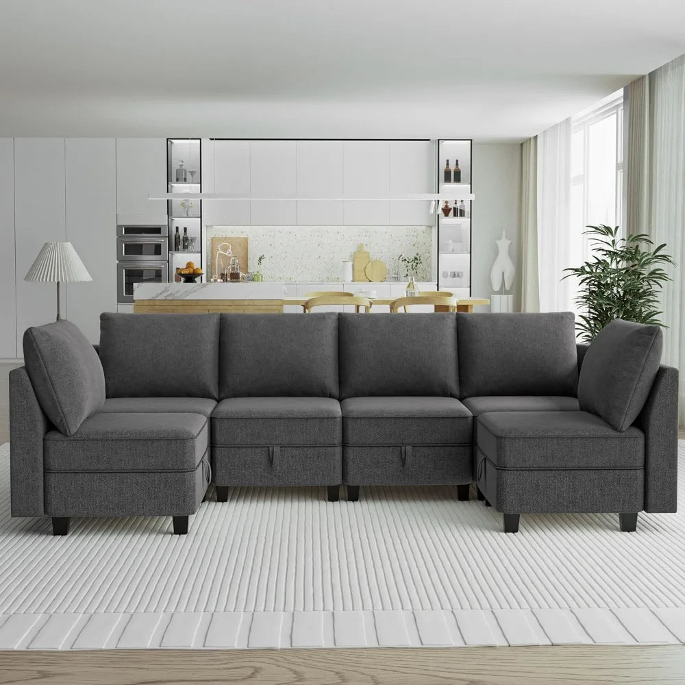 Modular Convertible Sectional Sofa 6-Seat U/L Shape Couch Storage Grey White