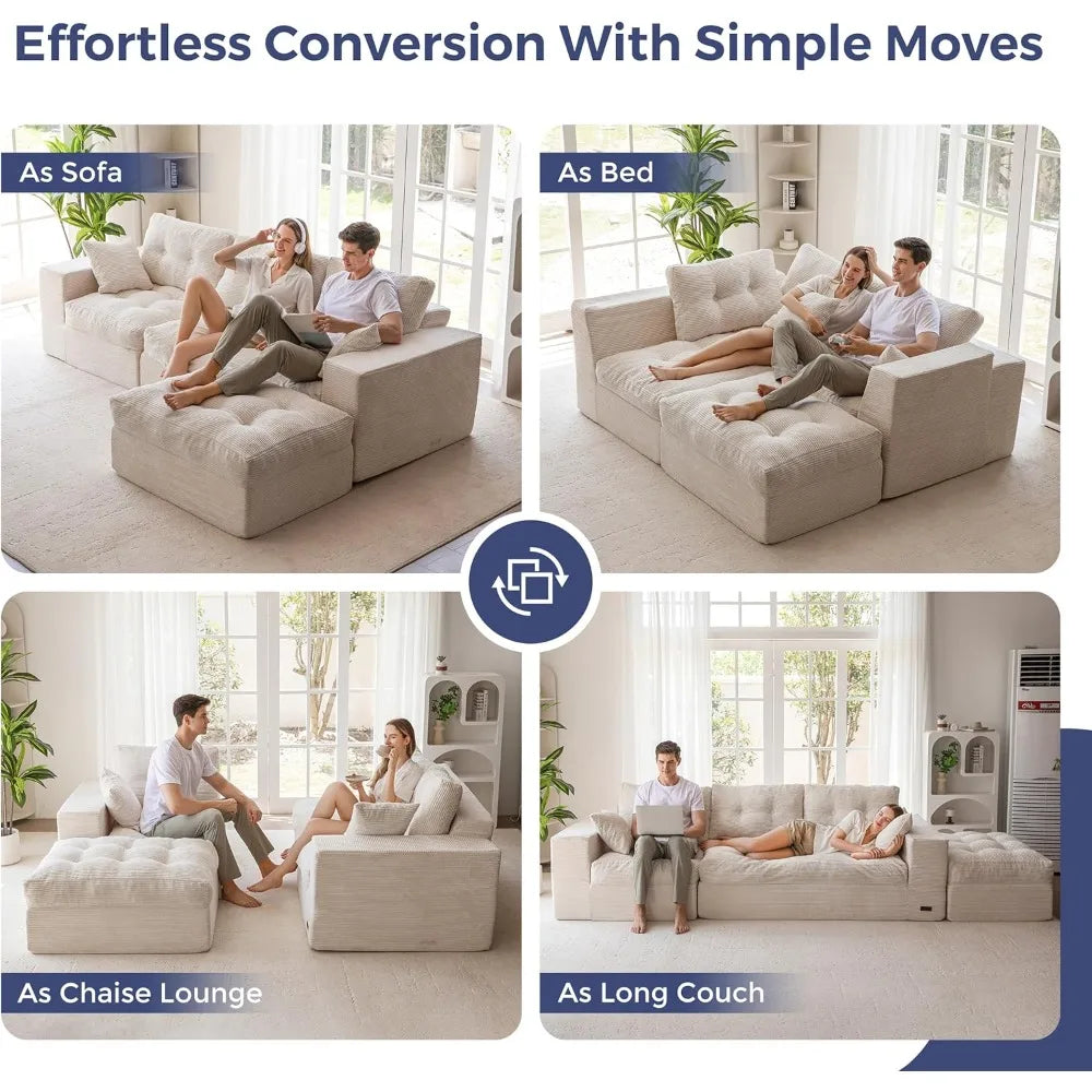 L-Shaped Sectional Sofa Convertible Ottoman Modular Couch Tufted Upholstered