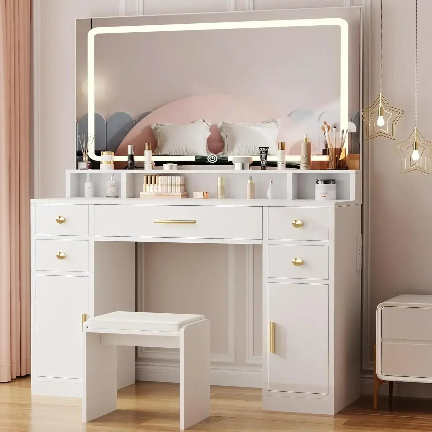 Vanity Desk Set LED Lighted Mirror Makeup Table with Storage and Stool
