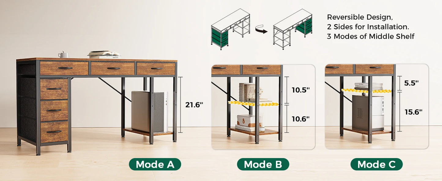 Computer Desk with 6 Drawers Reversible Corner Storage Office Desk