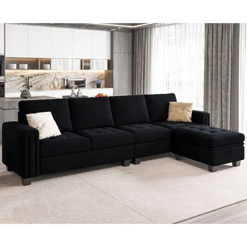 Ljustra Black Velvet Reversible Sectional Sofa Storage Ottoman 4-Seat L-Shaped Couch