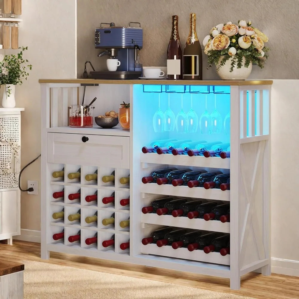 Wine Bar Cabinet with LED Light and Power Outlet Kitchen Buffet Sideboard