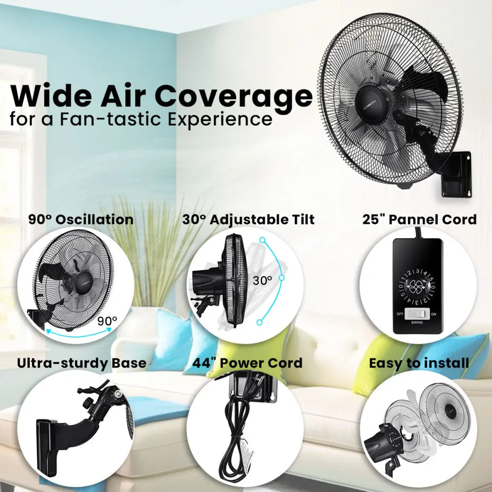 18 in 5 -Speed Wall Mount Fan Powerful Airflow Horizontal Oscillation Quiet Durable Indoor Outdoor Household Commercial Fan