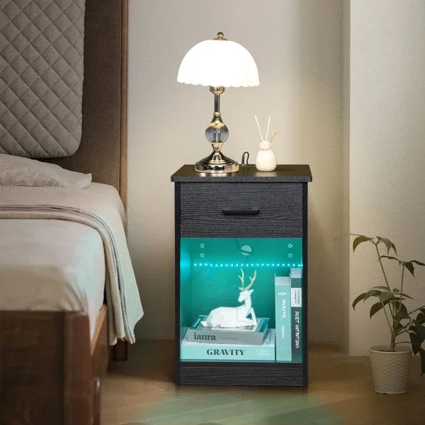 Modern LED Bedside Table with Drawer and USB Charging Black