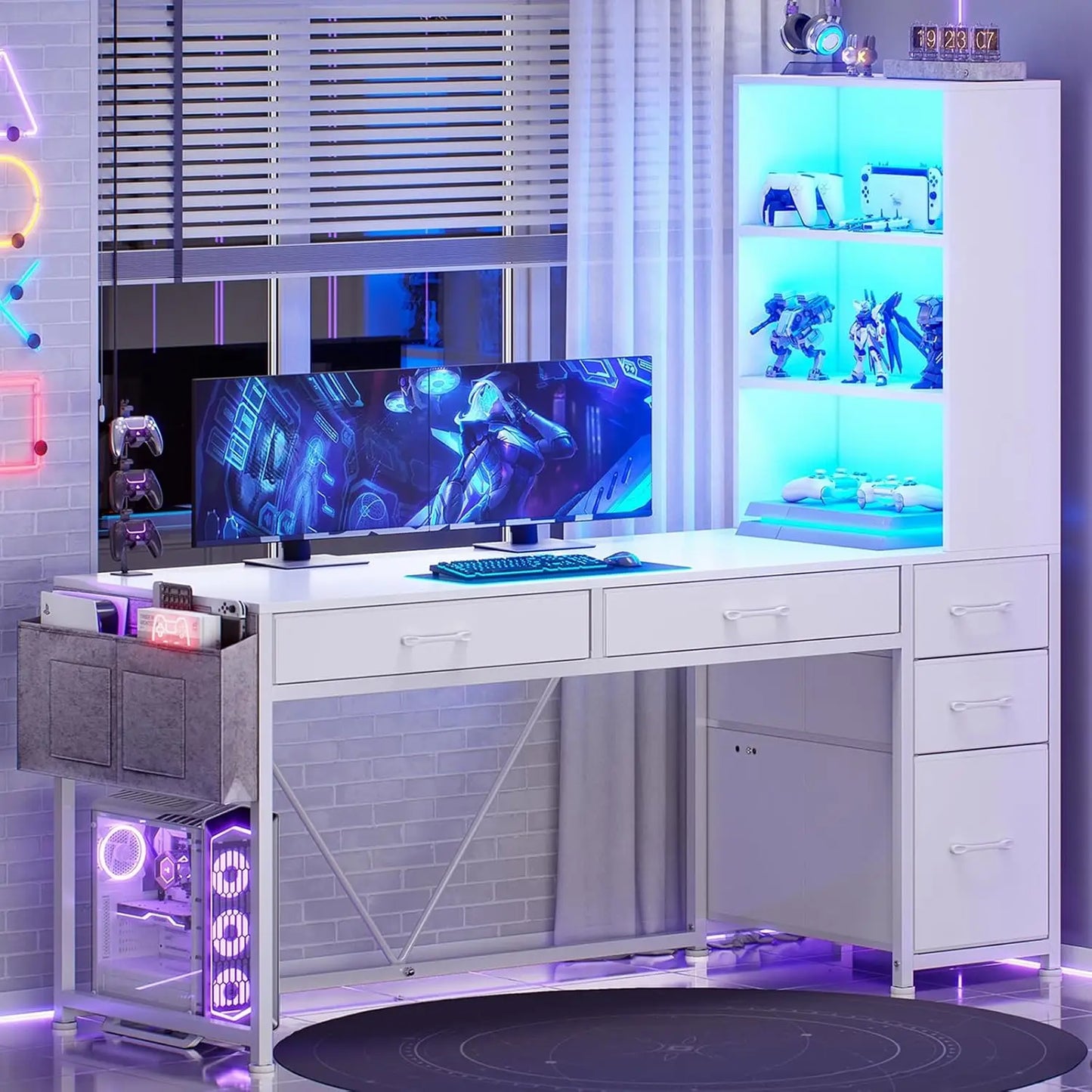Computer Gaming Desk with 5 Drawers Bookshelf Reversible Home Office