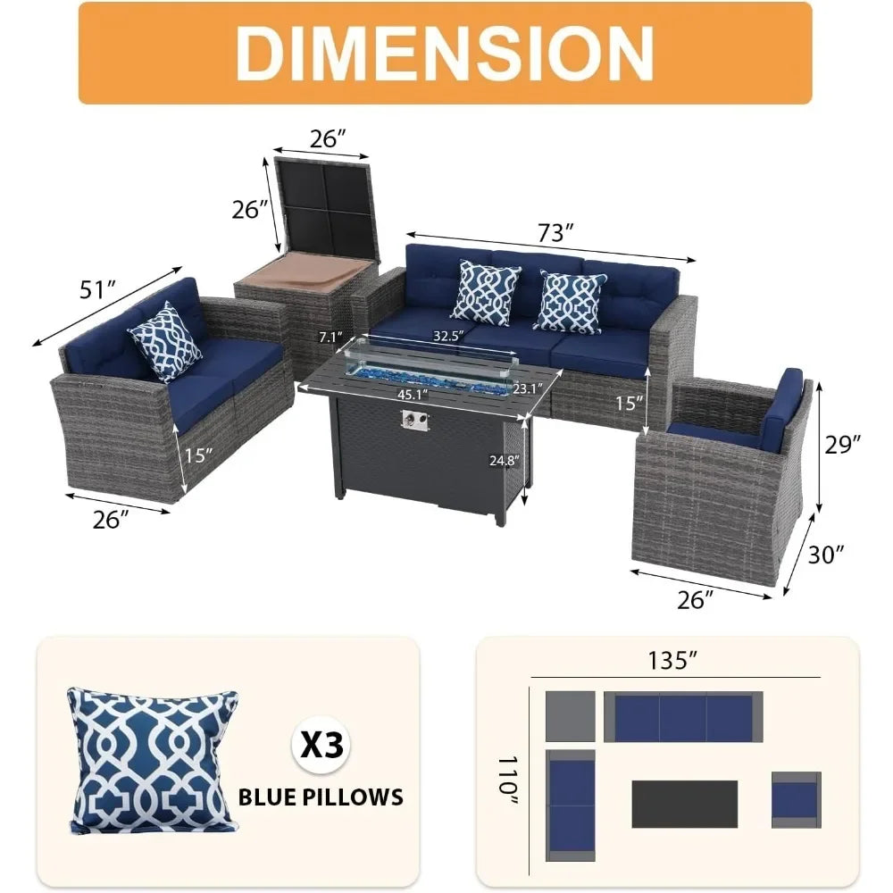 8 Piece Rattan Outdoor Patio Furniture Set with Fire Pit Table