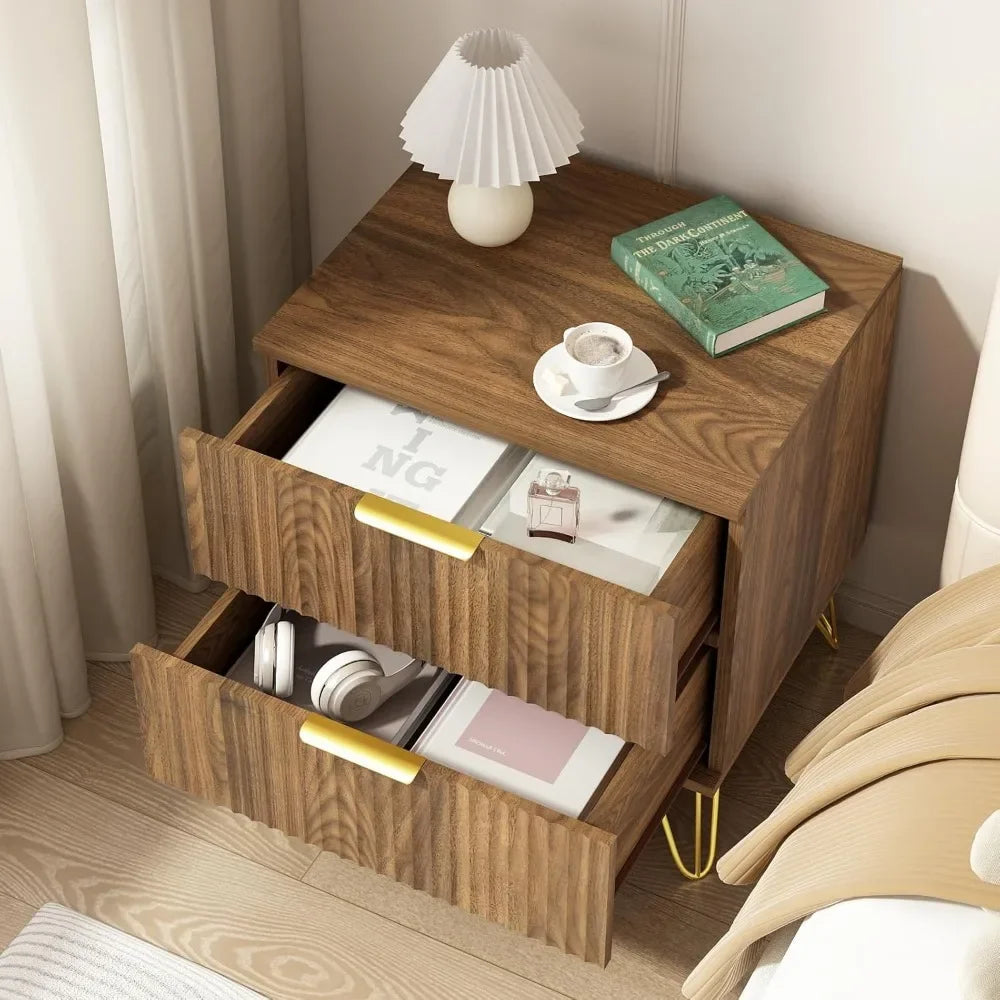 Nightstand Set of 2 Fluted Night Stand with 2 Drawers Wood Storage