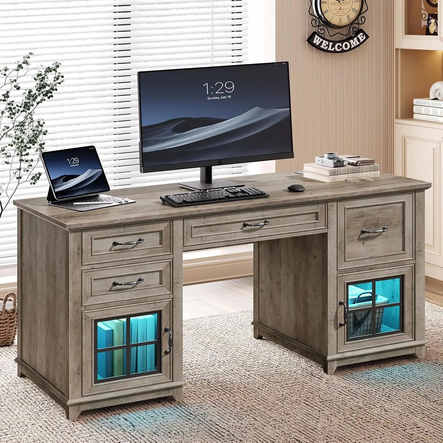 58 Inch Farmhouse Wooden Desk with Power Outlets and LED Light