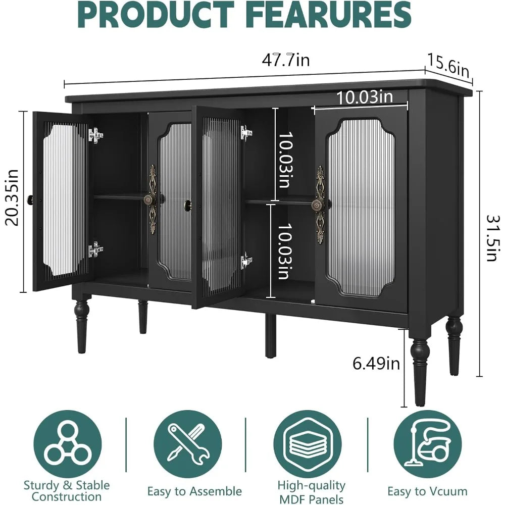 Vintage Buffet Sideboard with 4 Glass Doors Mid Century Storage Cabinet
