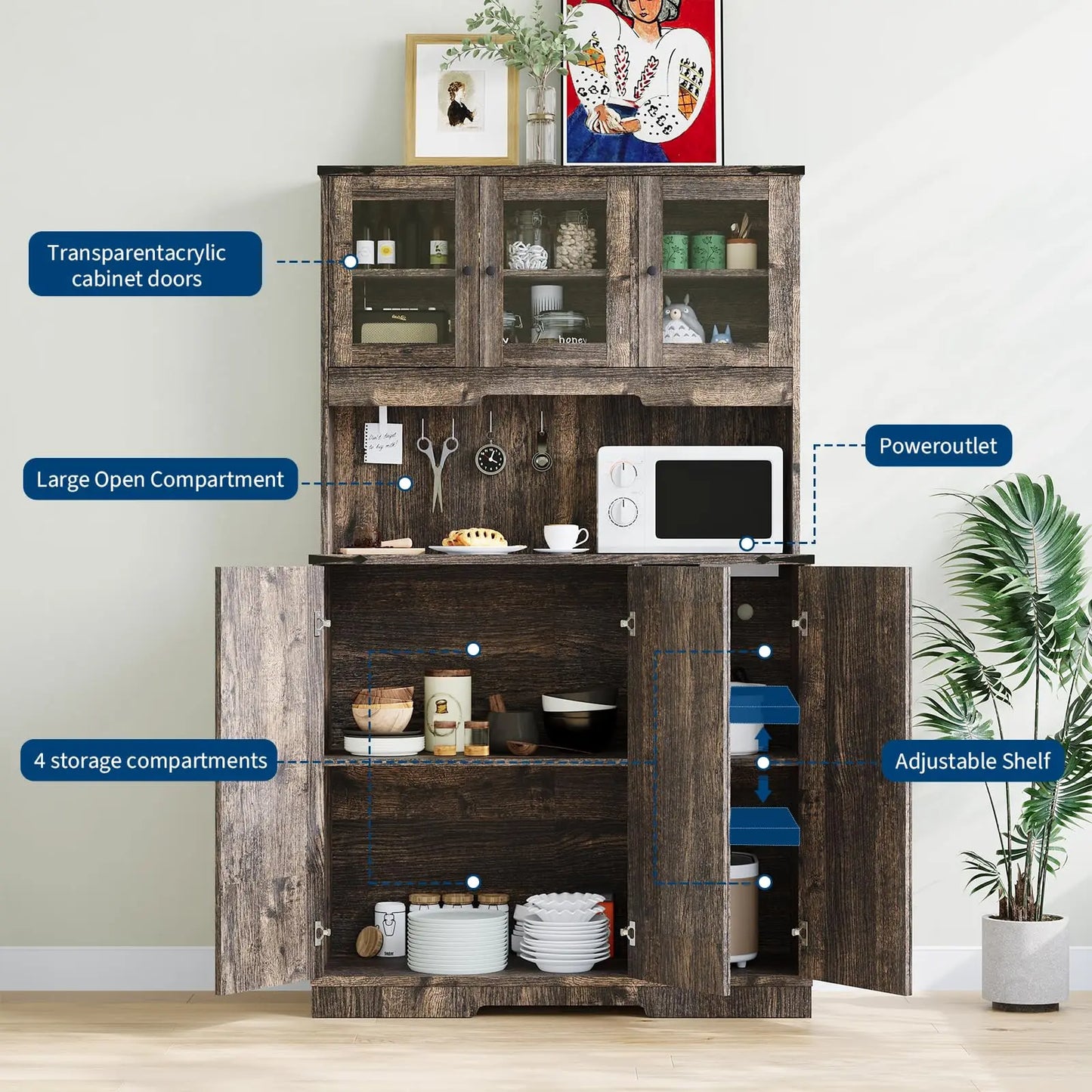 Pantry Cabinet with Charging Station 70.5" Tall Kitchen Hutch Storage