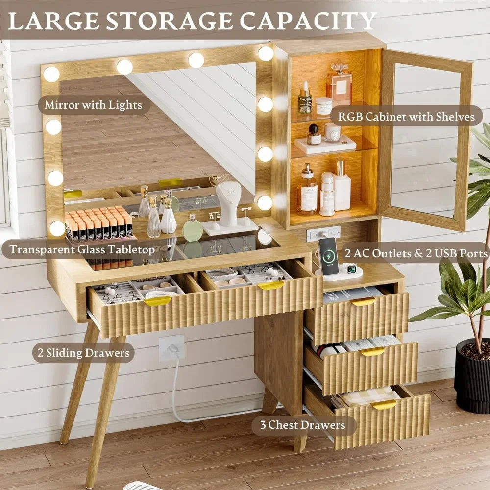 Fluted Vanity Desk with Mirror Lights 5 Drawers Power Outlet Storage