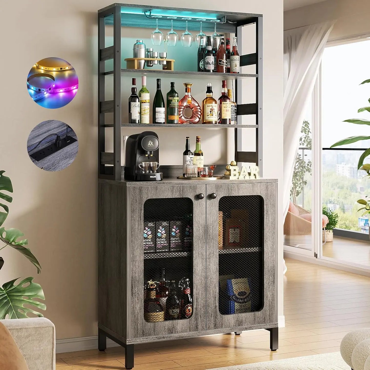 Bar Cabinet with Power Outlets LED Lights Wine Storage 67" Tall