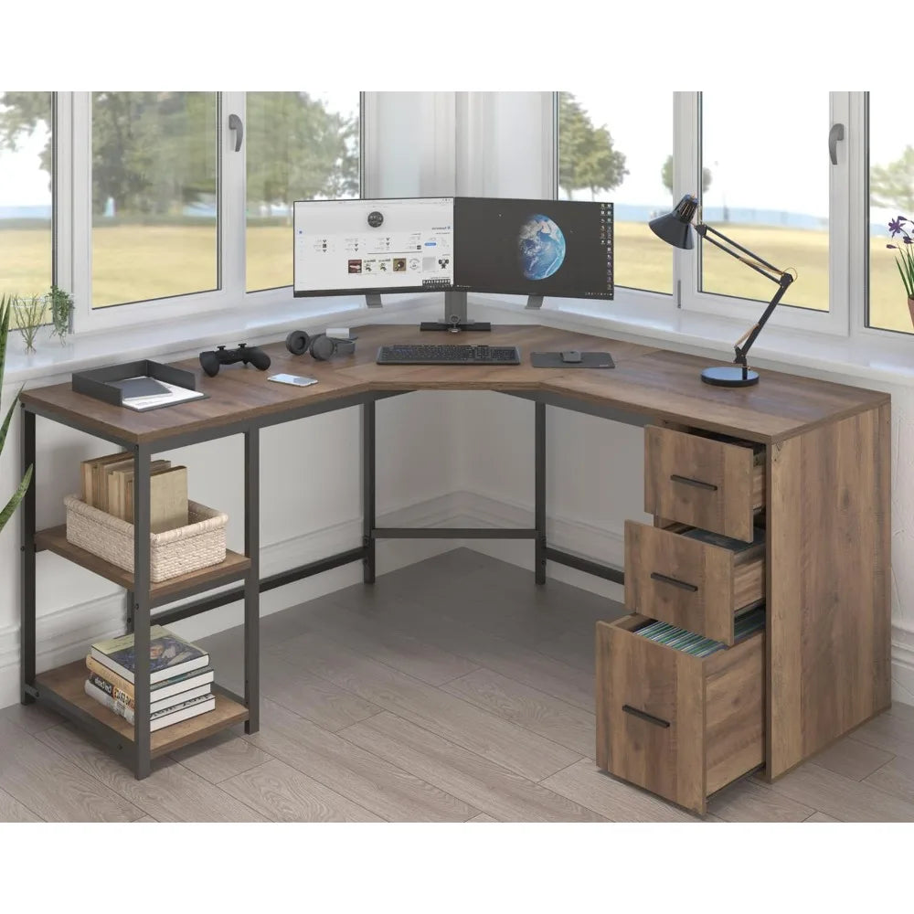 Rustic L Shape Computer Desk with File Cabinet Reversible Corner Desk