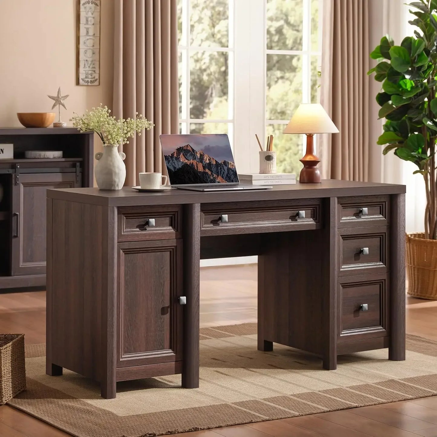 Farmhouse Computer Desk with 5 Drawers and Adjustable Shelf 58 Inch