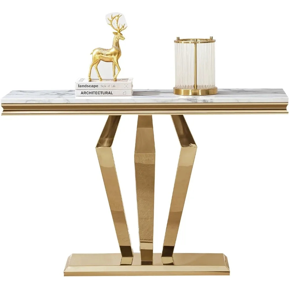 47 Inch White Marble Console Table Modern Stainless Steel D-Base