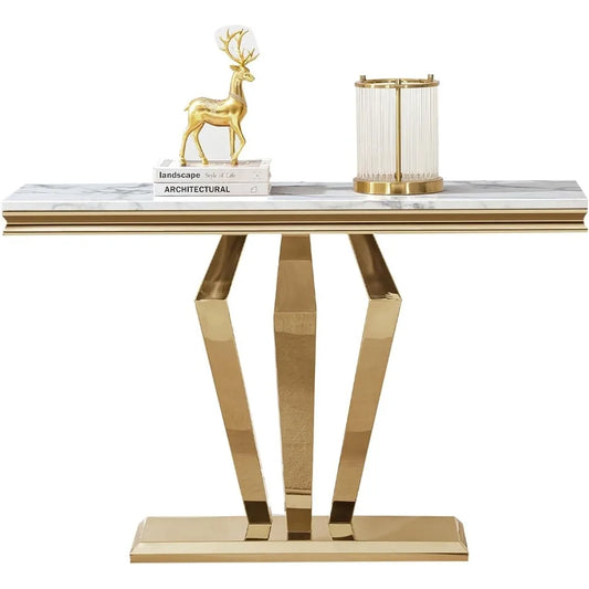 47 Inch White Marble Console Table Modern Stainless Steel D-Base