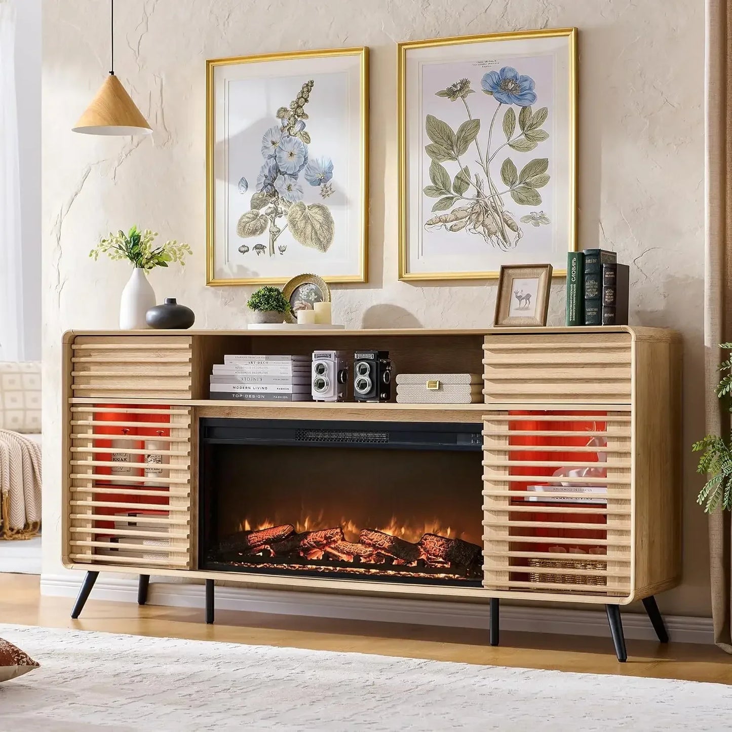 Fireplace TV Stand for 80 Inch TV Mid Century Modern Entertainment Center