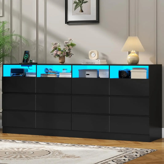 12 Drawer Wide Dresser with Charging Station and LED Lights for Bedroom