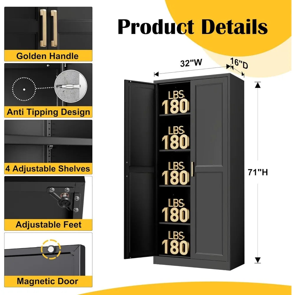 Kitchen Pantry Cabinet 71 Inch Black Metal Storage Adjustable Shelves